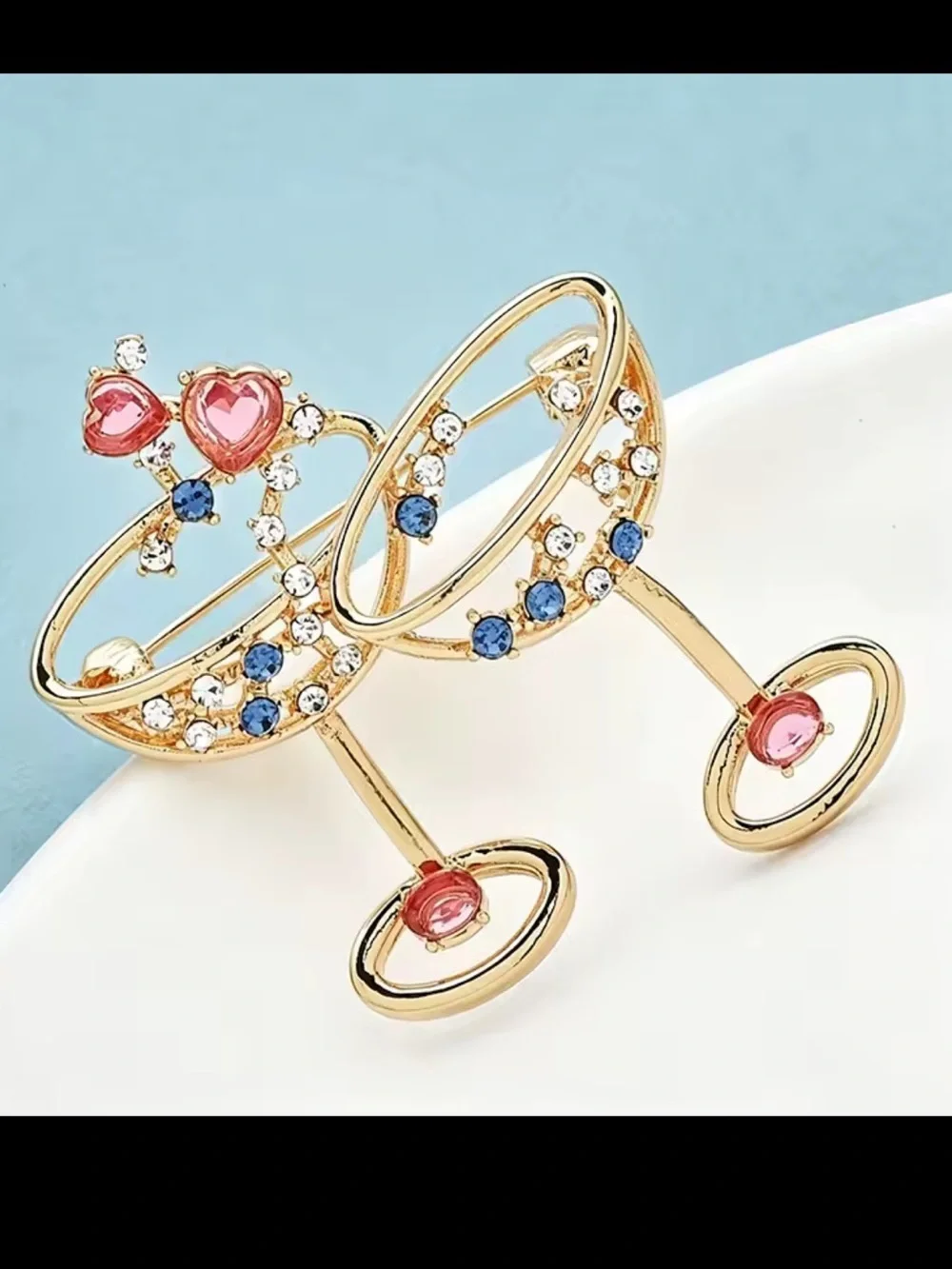 Cocktail Champagne Glass Pair Pink Blue Gems Brooch